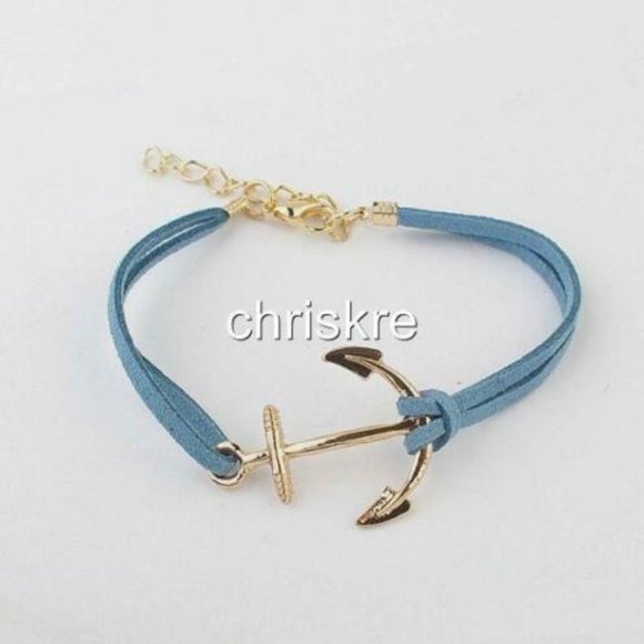 Suede Nautical Anchor Bracelet Island Ship Boat Leather Adjustable Gold Blue - Picture 1 of 3